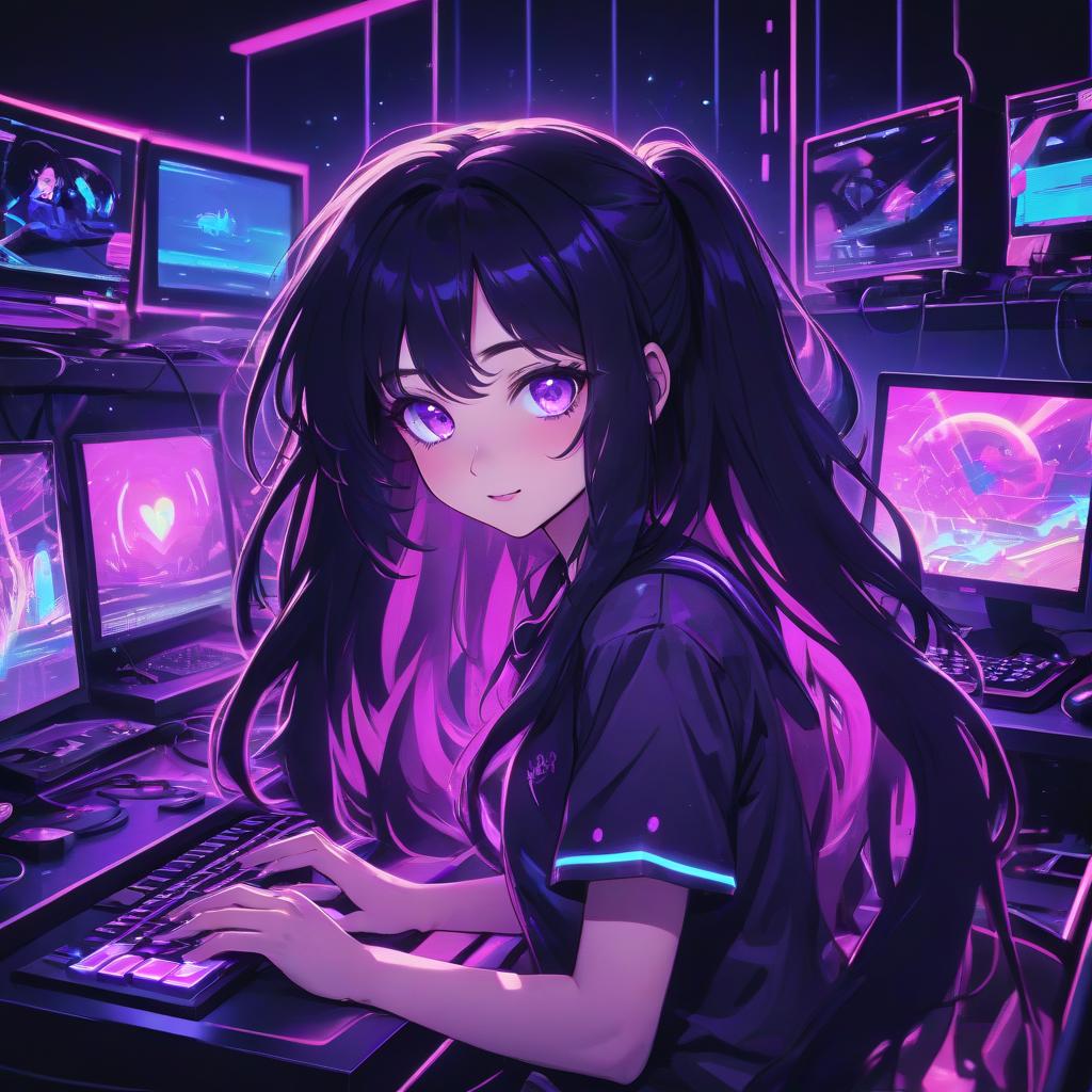  anime artwork a girl with long black hair and purple eyes, ( ( ( synthwave ) ) ), beautiful kawaii lighting, my computer icon, dark short curly hair smiling, ultra phonk, stream, on, kami, ( ( ( in a dark, glowy . anime style, key visual, vibrant, studio anime, highly detailed