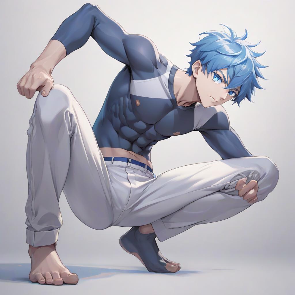  anime artwork gojo satoru of white and blue eyes with a bare torso in one of his pants poses, turning his head not much to the side . anime style, key visual, vibrant, studio anime, highly detailed