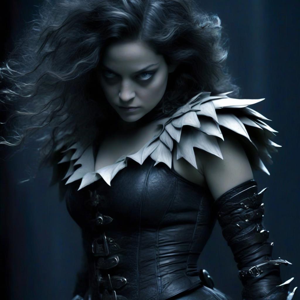  macabre style marion cotillard in the form of an elf thief fighter in a white leather corset, leather shoulder pads and elbow pads, in a black corridor. . dark, gothic, grim, haunting, highly detailed, perfecteyes, perfect hands