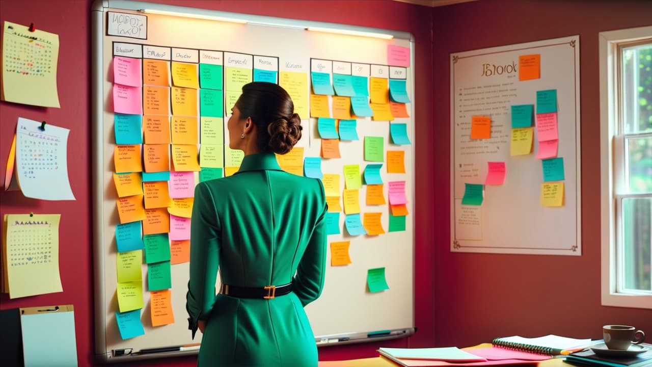  a serene workspace featuring a whiteboard filled with colorful sticky notes, a planner opened to a fresh page, a cup of coffee, and a vision board showcasing aspirational images and quotes. hyperrealistic, full body, detailed clothing, highly detailed, cinematic lighting, stunningly beautiful, intricate, sharp focus, f/1. 8, 85mm, (centered image composition), (professionally color graded), ((bright soft diffused light)), volumetric fog, trending on instagram, trending on tumblr, HDR 4K, 8K