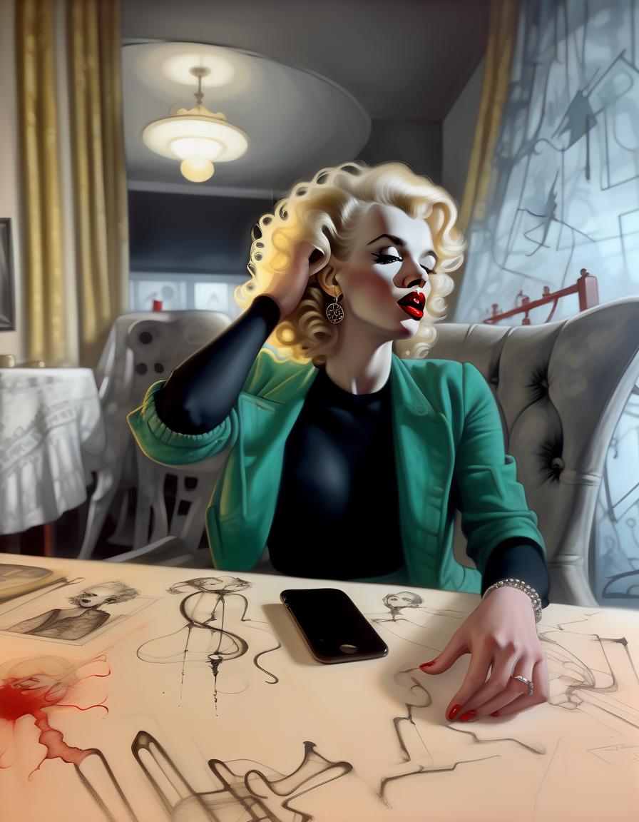  a stylized monochrome portrait of a woman with iconic blonde curls, red lipstick, and striking earrings, against a black background. marilyn monroe licking her lips. dark ethereal surreal horror art, dark surrealism, cubism, hyperdetailed, 8k, acrylic art, ink drawing, alcohol ink, white, red and yellow and black, extremely detailed, crisp quality, award winning. style of stephen gammell, jean baptiste monge, luis royo, tom bagshaw, pino daeni,