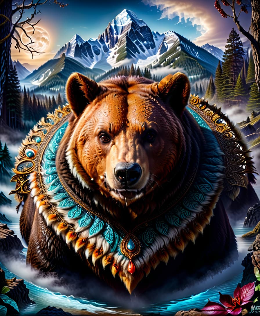  impressionist painting masterpiece, hdr 8k, digital image. conceptual art. (a bear with a bared mouth full of sharp fangs, appearing in ancient russian ethnic ornaments that make up a symmetrical mandala consisting of an endless forest, a wide flowing river and majestic mountains, the mandala is decorated with a fantastic ice pattern). abstract elements: crystals, beads, feathers. the effect of dissolving the natural shades of fur in sky waves. filigree finishes, mysterious neon glowing accents, intricate. stylization. neo rococo style. stylish, dynamic, atmospheric. background dissolving abstract patterns in the space:: vignetting:: complex ethnic ornament. mystery, fantasy surrealism. high detail. high quality. hdr. . loose brushwork, v