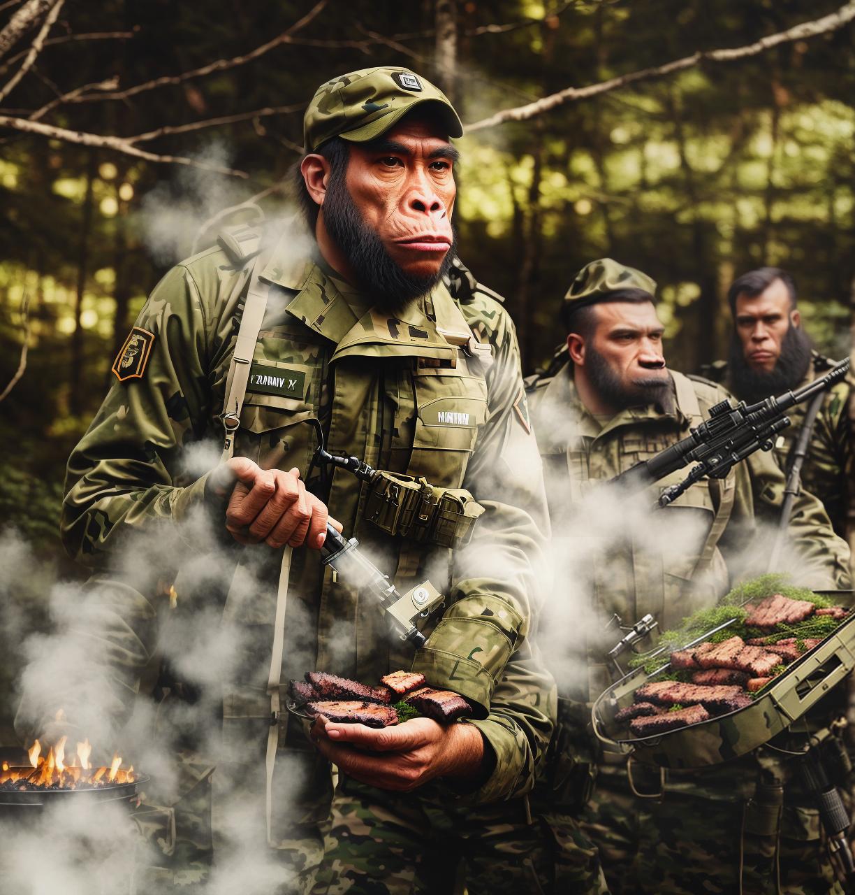  the ape will be inside some forest with army clothes on and in front is some bbq hyperrealistic, full body, detailed clothing, highly detailed, cinematic lighting, stunningly beautiful, intricate, sharp focus, f/1. 8, 85mm, (centered image composition), (professionally color graded), ((bright soft diffused light)), volumetric fog, trending on instagram, trending on tumblr, HDR 4K, 8K