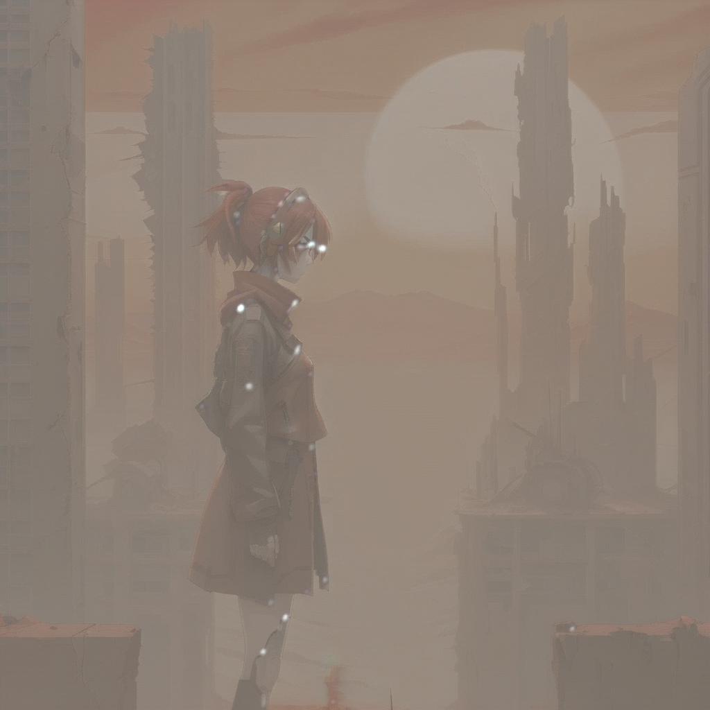  anime artwork high quality anime image, woman standing in a red desert, post apocalyptic landscape with ruined buildings, cyberpunk art, the red sunset . anime style, key visual, vibrant, studio anime, highly detailed