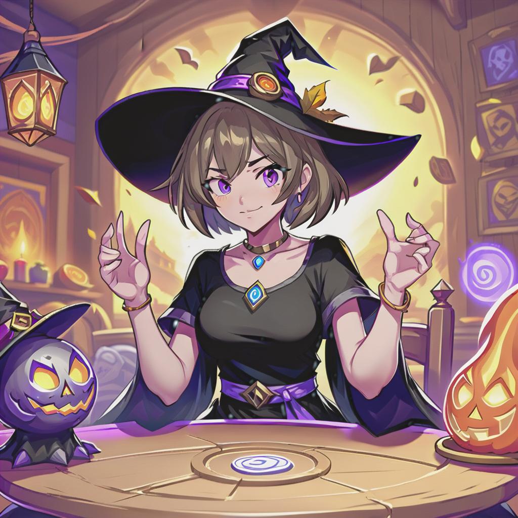  line art drawing girl in t shirt and black dress, with short hair, witch hat, playing hearthstone on table, same nightmare. anime style . professional, sleek, modern, minimalist, graphic, line art, vector graphics