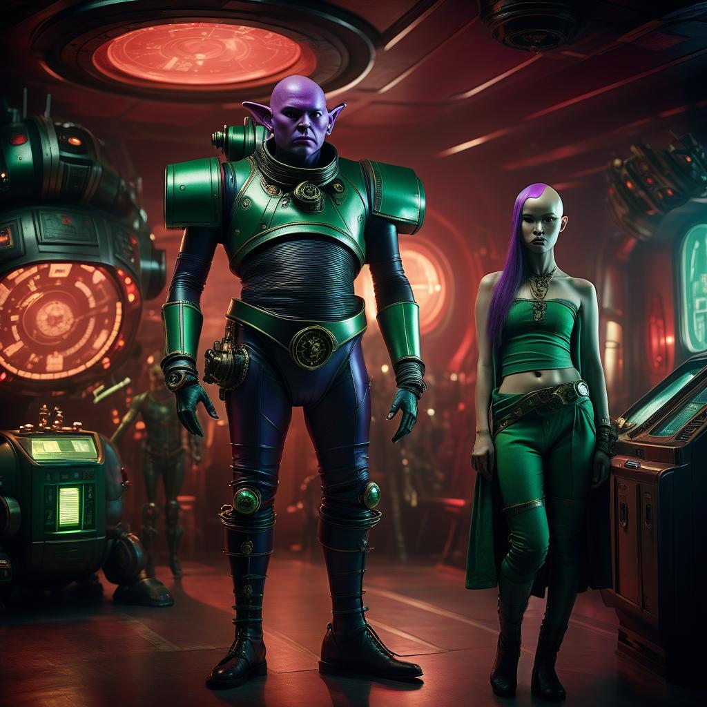  cinematic film still a group of space pirates, a young alien of thai appearance, 20 year, purple skin, large size elastic , elegant thin waist, long slender legs, green hair. man, 40 year, small, fat, bald, black. next to the droid and minotaur. full length image, steampunk, dieselpunk, paropunk, standing in a space tavern, against a background of red light. . shallow depth of field, vignette, highly detailed, high budget, bokeh, cinemascope, moody, epic, gorgeous, film grain, grainy