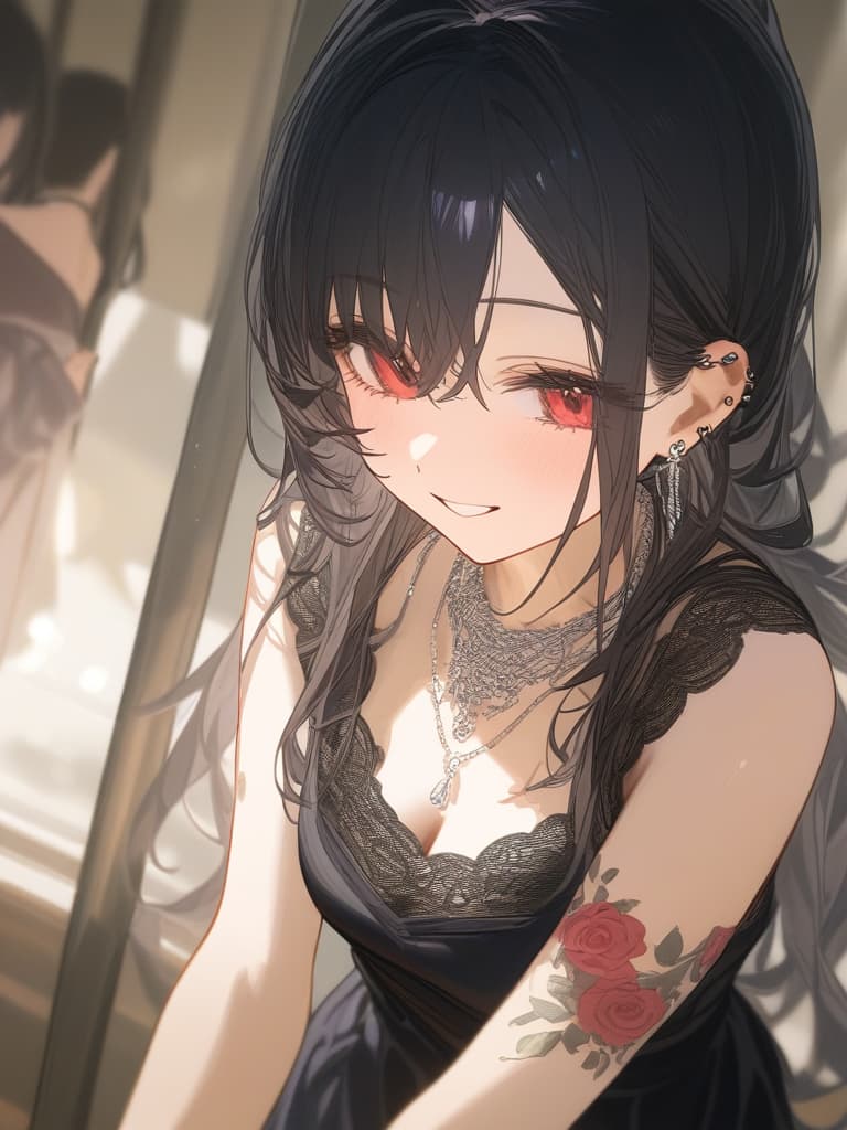  long hair, black hair, hair tips are pink, red eyes, hanging, bangs, and length of bangs, smiles, adults, adult faces, piercings, necklaces, black lace clothes, red rose tattou on arms in contained, thin makeup, rose tattoo on the arm, pink and black hair, masterpiece, best quality,8k,ultra detailed,high resolution,an extremely delicate and beautiful,hyper detail