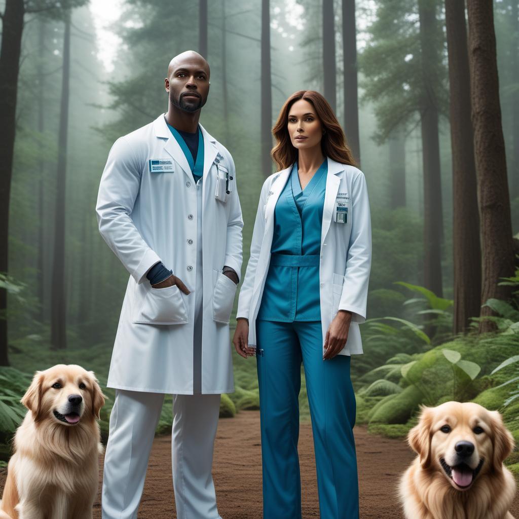  A highly detailed, cinematic scene encapsulating the journey and mission of Malikai and his team on Earth. Malikai, a green-skinned figure resembling Yoda, stands at the forefront, based on the real photo provided. Surrounding him are his team members: Sarah, a compassionate doctor in her white coat; Mike, an inspiring teacher with distinctive blue shoelaces; Jake, a community-focused mechanic in a blue khaki suit; and Bella, a loyal golden retriever therapy dog. The backdrop transitions from a lush, serene forest into an animated small town bustling with community activities such as clean-ups, dialogues, and educational programs. This juxtaposition symbolizes the bridging of nature and human effort. Under a captivating, star-studded bl hyperrealistic, full body, detailed clothing, highly detailed, cinematic lighting, stunningly beautiful, intricate, sharp focus, f/1. 8, 85mm, (centered image composition), (professionally color graded), ((bright soft diffused light)), volumetric fog, trending on instagram, trending on tumblr, HDR 4K, 8K