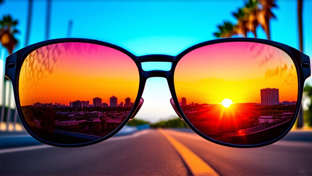  close up of sunglasses reflecting a bright sunset over miami, against a backdrop of palm trees and an empty street. the reflection shows warm colors from orange to pink, symbolizing love and romance. the clear blue sky adds depth. high resolution, detailed, fine detail, stock photo, professional color reproduction, hyper realistic, cinematic lighting, hdr, ar 16:9 {prompt}, maximum details