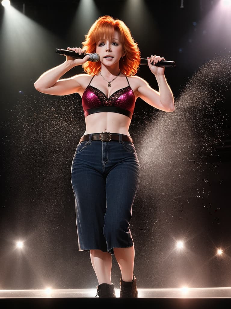  A younger, Country singer, Reba McEntire, on stage, medium shot, upper body, spotlight, long exposure lighting, street art style spray paint, glamour lighting