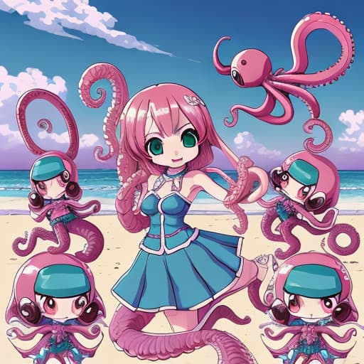  anime style, super fine illustration, highly detailed, dynamic angle, beautiful detailed, 8k, On the beach, BREAK cute anthropomorphized octopuses, styled as chibi characters, are dancing joyfully. Th