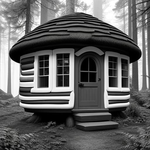  black and white children's coloring book about a mushroom house in the forest hyperrealistic, full body, detailed clothing, highly detailed, cinematic lighting, stunningly beautiful, intricate, sharp focus, f/1. 8, 85mm, (centered image composition), (professionally color graded), ((bright soft diffused light)), volumetric fog, trending on instagram, trending on tumblr, HDR 4K, 8K