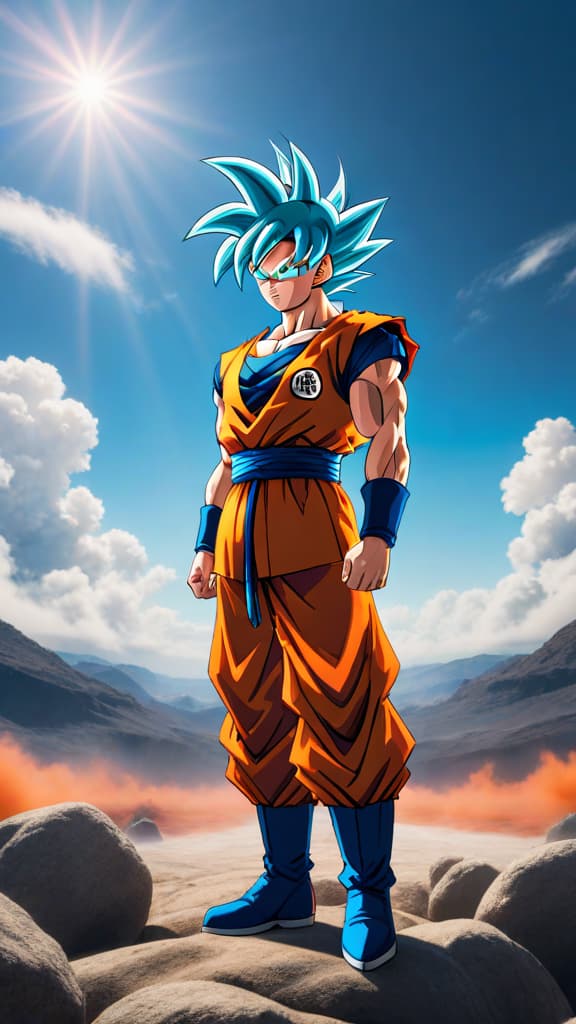  anime art: goku in super saiyan blue, overlooking super saiyan 4 as non canon in dragon ball super. hyperrealistic, full body, detailed clothing, highly detailed, cinematic lighting, stunningly beautiful, intricate, sharp focus, f/1. 8, 85mm, (centered image composition), (professionally color graded), ((bright soft diffused light)), volumetric fog, trending on instagram, trending on tumblr, HDR 4K, 8K