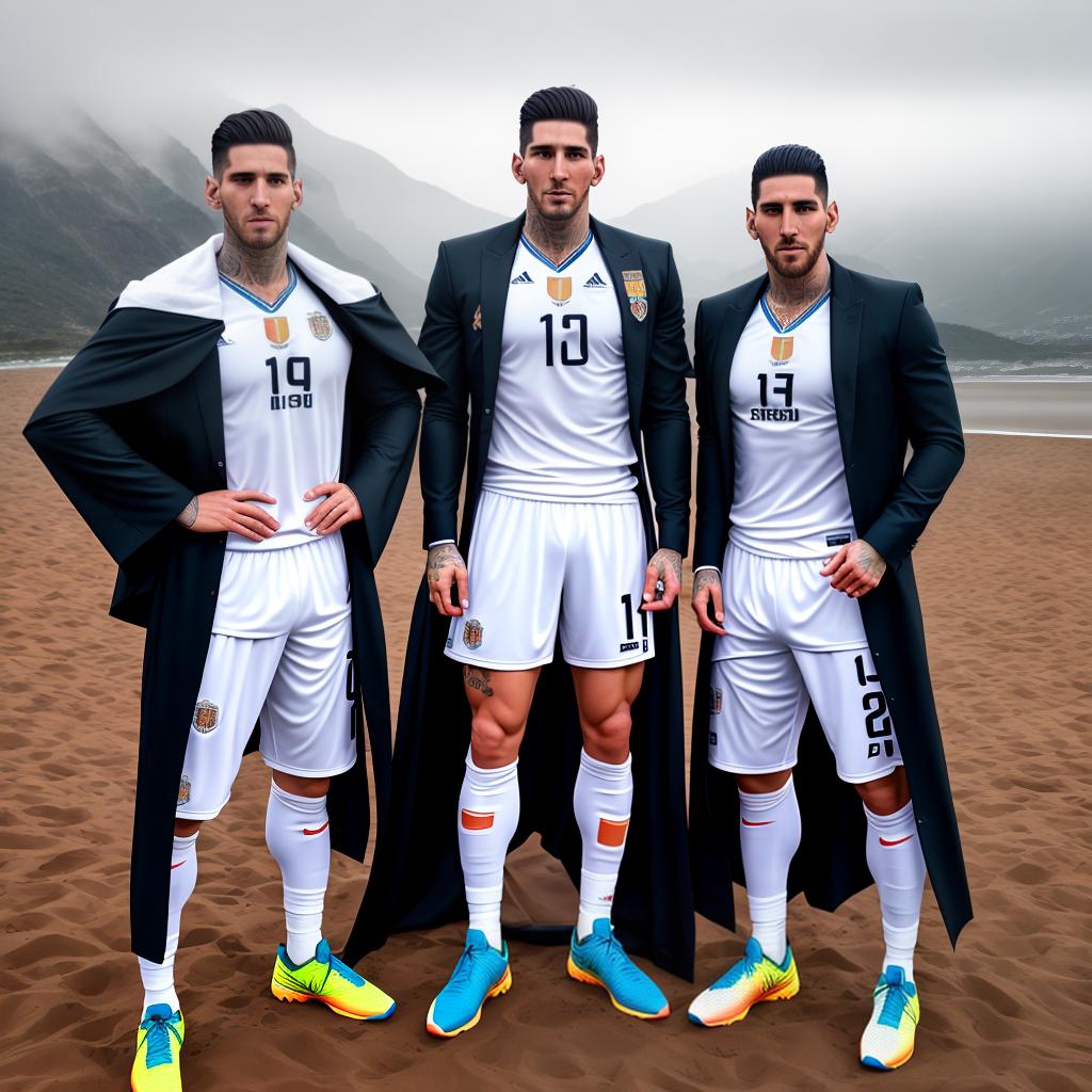  Rodrigo De Paul and Di Maria with Messi hyperrealistic, full body, detailed clothing, highly detailed, cinematic lighting, stunningly beautiful, intricate, sharp focus, f/1. 8, 85mm, (centered image composition), (professionally color graded), ((bright soft diffused light)), volumetric fog, trending on instagram, trending on tumblr, HDR 4K, 8K