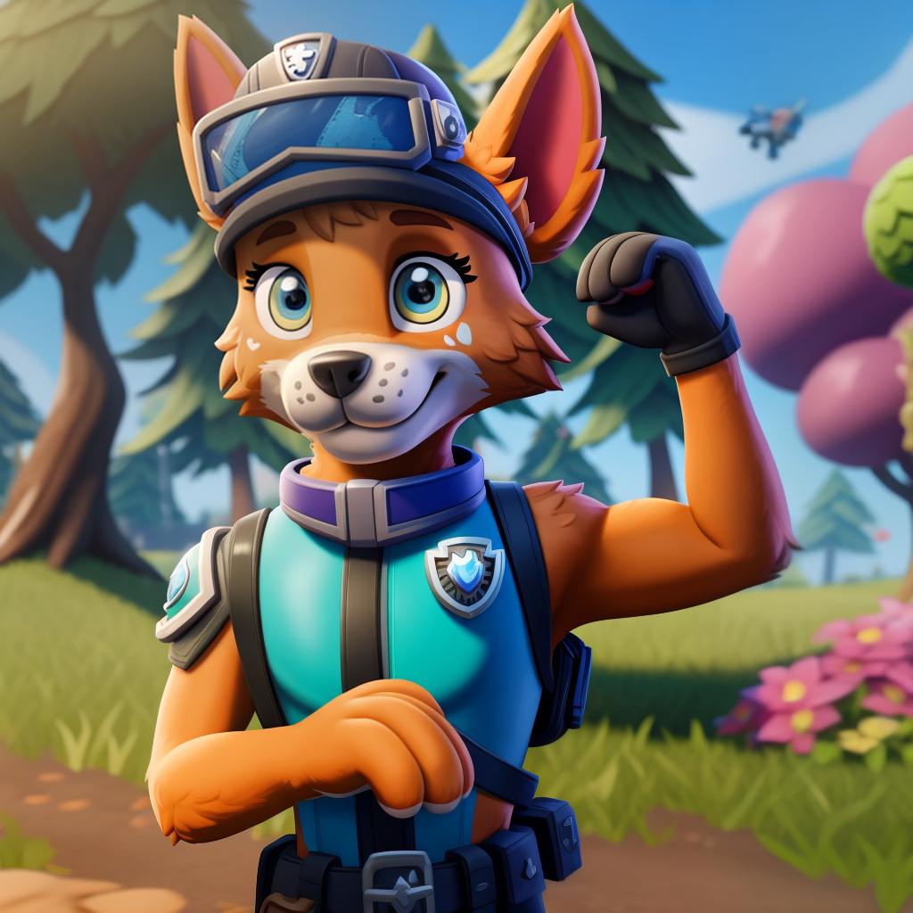  ryder (paw patrol, Fortnite), full body, gloves, open eyes, masterpiece, 4k, fine details,