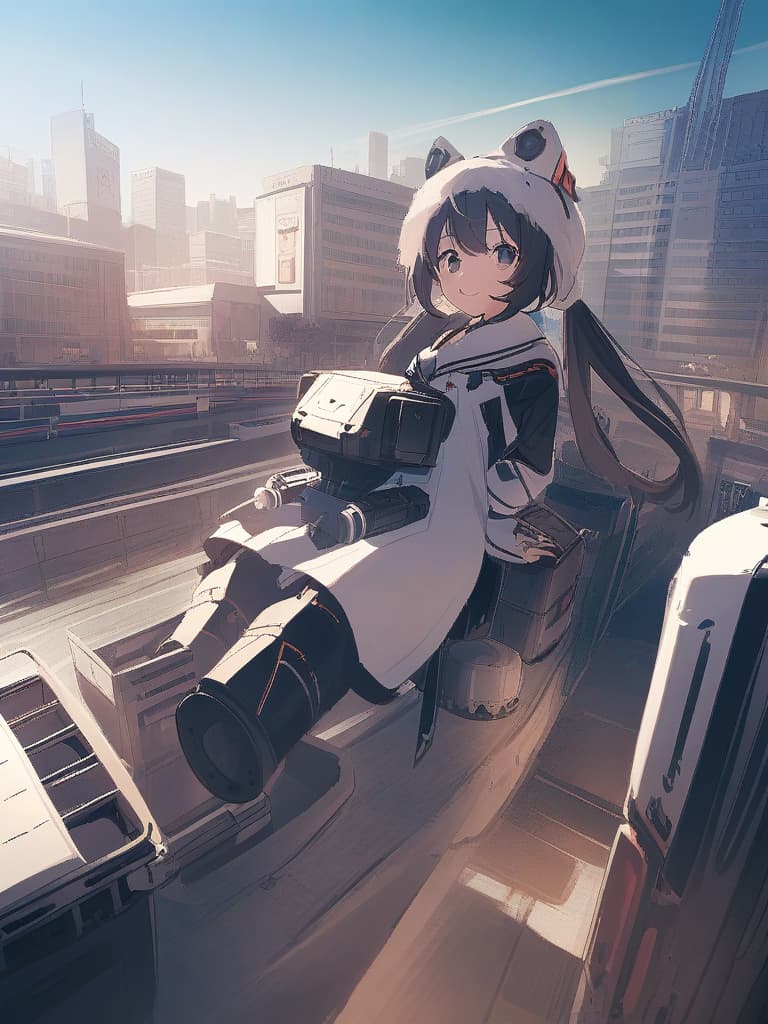  metal box type robot, toy type, girl robot, twin tail, cute smile, whole body, city ground,