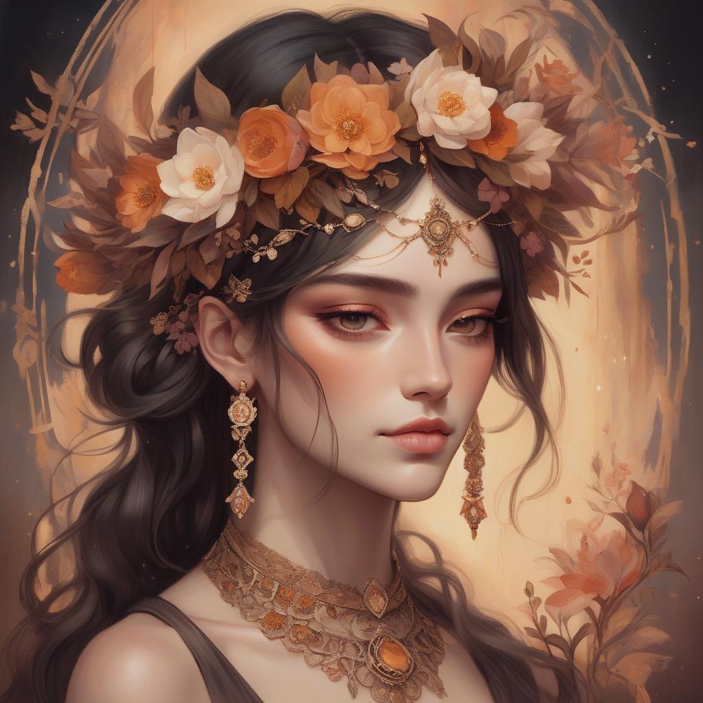  a painting of a woman with a floral crown and intricate jewelry, featuring warm tones and a fantasy style. dark fantasy