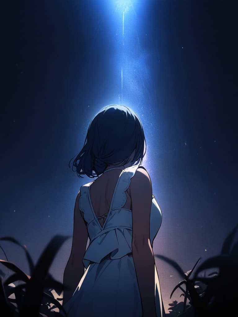  white dress, night, from back, low angle, look up, look up, look up, lawn, stand up, blue hair, best quounty, masterpiece, ultra detailed, healing, healing, healing, healing,