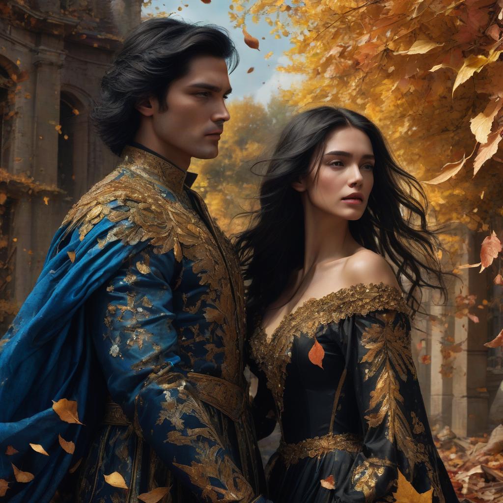  cinematic film still a romantic and dramatic fantasy digital painting depicting a man and woman embracing in a ruined setting. it is a vibrant autumn day with falling leaves. the man on the left has tousled shoulder length black hair, sunken cheeks and a serious expression. he wears a black shirt with wide sleeves and a deep v neck, paired with black pants. his head is tilted down, resting on the woman’s head, conveying a sense of security and closeness. the woman on the right has long, flowing dark hair that appears to be frozen in motion, with golden highlights creating a sense of movement. she wears a vibrant blue off the shoulder dress with short puff sleeves, adorned with intricate beading, sequins and embroidery. her dress flows dyn