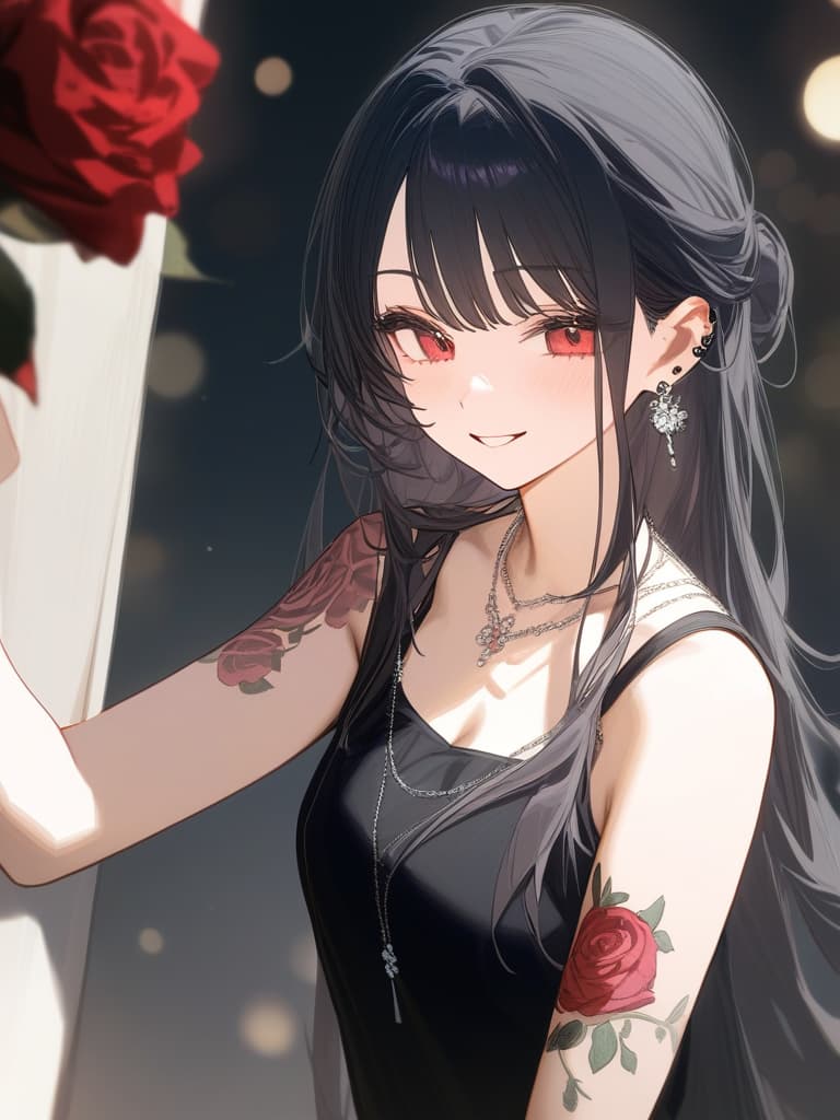  long hair, black hair, hair tips are pink, red eyes, hanging, bangs, and length of bangs, adults, adult faces, piercings, necklaces, hair are light pink and black, thin makeup on the arm. there is a rose tattoo, a rose tattoo on your arm, smiling, masterpiece, best quality,8k,ultra detailed,high resolution,an extremely delicate and beautiful,hyper detail