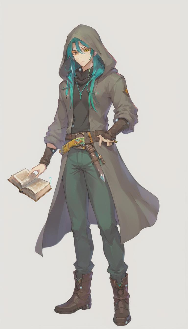  anime artwork a concept art for visual novel game, handsome male, rogue from d&d, dynamic pose, full body, wearing: dark coat with hoodie, tight t shirt, baggy pants, black boots, on the belt have a hunting knife and wizard book from leather with ocean thematic; appearance: light skin, half black half teal long hair, stumble on the chin, yellow eyes. . anime style, key visual, vibrant, studio anime, highly detailed