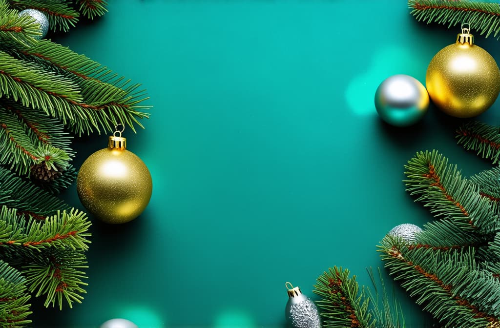  professional detailed photography, new year vertical dark turquoise background with gold and silver balls on fir branches with space for text ar 3:2, (muted colors, dim colors, soothing tones), (vsco:0.3)