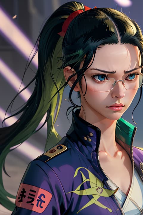  , , cinematic, surreal, realistic, ultra detailed, ultra realistic, cyborg, anime, peaceful, sad, zenin maki,ponytail,glasses,bangs,green hair,purple jacket,jujutsu uniform,brown eyes, robinop,black hair,blue eyes