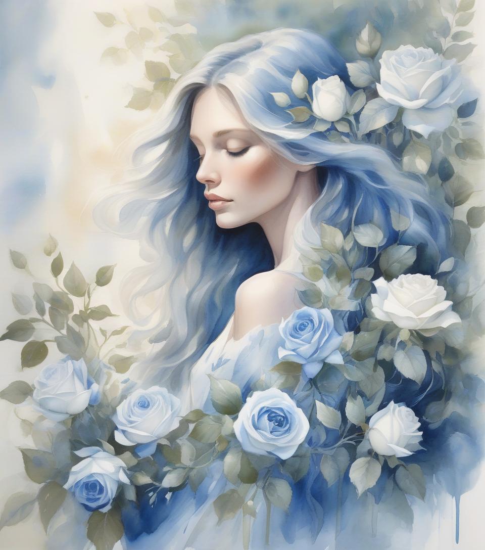  watercolor painting a serene woman with flowing hair holds blue and white roses, surrounded by soft light and delicate leaves, embodying grace and beauty in a captivating portrait . vibrant, beautiful, painterly, detailed, textural, artistic