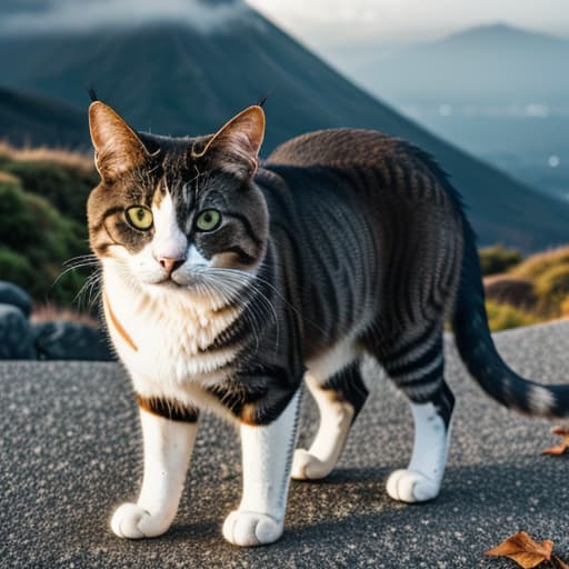  cat ,mount fuji hyperrealistic, full body, detailed clothing, highly detailed, cinematic lighting, stunningly beautiful, intricate, sharp focus, f/1. 8, 85mm, (centered image composition), (professionally color graded), ((bright soft diffused light)), volumetric fog, trending on instagram, trending on tumblr, HDR 4K, 8K