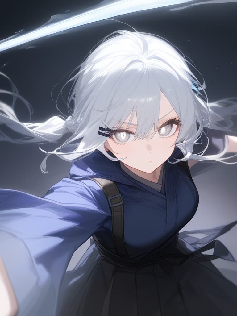  beauty girl,perfect girl,girl,hakama,袴,hairpin,簪,japanese style,transparent sword,stinking eyes,ジト目,cool,beauty,turn this way,white hair,white eyes,beautiful eyes,white eyelashes,close,braided bun twintails