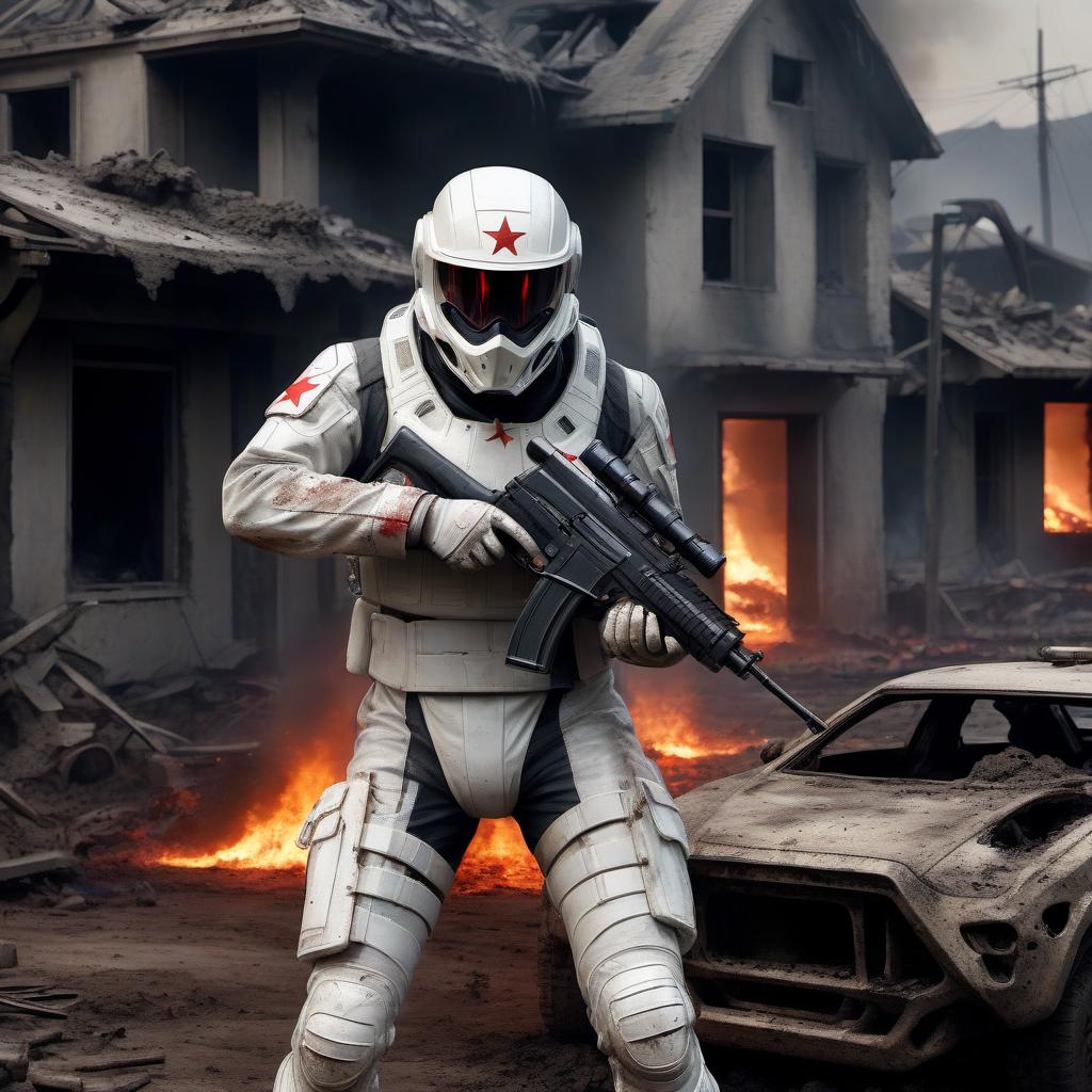  hyperrealistic art a soldier of the future in a white armored suit and a white helmet, on his shoulder a red star covered in mud, sheltering behind a destroyed car and firing off his laser rifle firing clots of energy, in a small provincial village of the future on a dark night, next to a house burns, and next to a dead soldier lies . extremely high resolution details, photographic, realism pushed to extreme, fine texture, incredibly lifelike