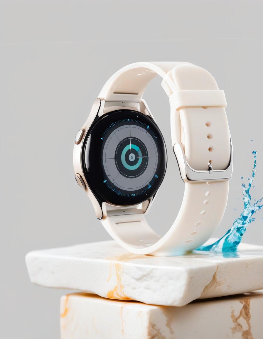  smart watch on white stone, in the background splashing water, light background, film photography style