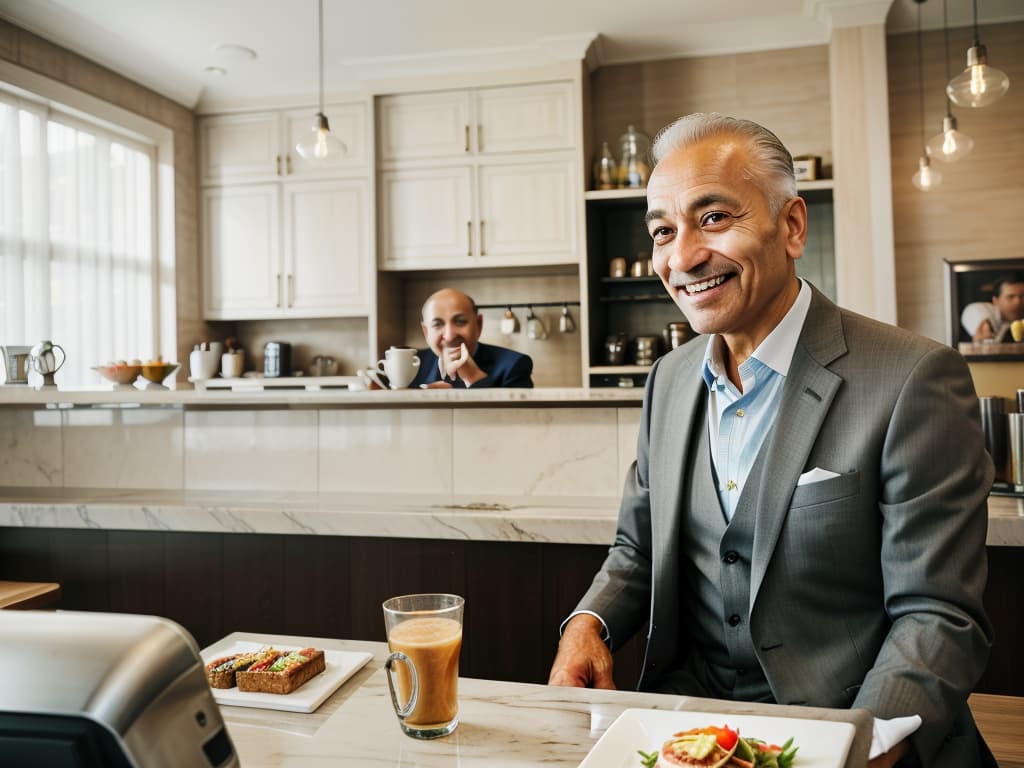  uncle in his 50s, suit, cafe, counter, sitting, putting elbows, smiles, masterpiece, best quality,8k,ultra detailed,high resolution,an extremely delicate and beautiful,hyper detail