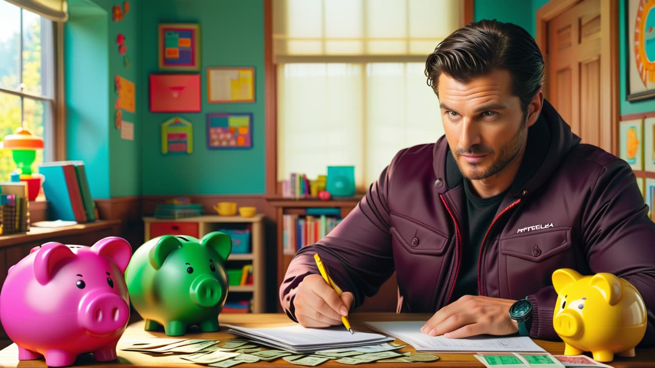  a colorful clroom scene with ren engaged in fun activities: one counting coins, another using a piggy bank, a chart showing savings growth, and ilrations of budgeting tools like colorful envelopes and calculators. hyperrealistic, full body, detailed clothing, highly detailed, cinematic lighting, stunningly beautiful, intricate, sharp focus, f/1. 8, 85mm, (centered image composition), (professionally color graded), ((bright soft diffused light)), volumetric fog, trending on instagram, trending on tumblr, HDR 4K, 8K