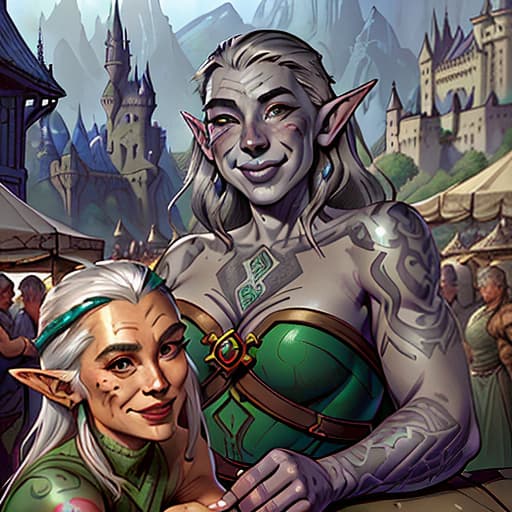   old , giant, gray skin, tattooed on her face, smiling, market, fantasy, magic, dragons, elves, castles, by donato giancola, ruan jia, kekai kotaki, magali villeneuve, even mehl amundsen