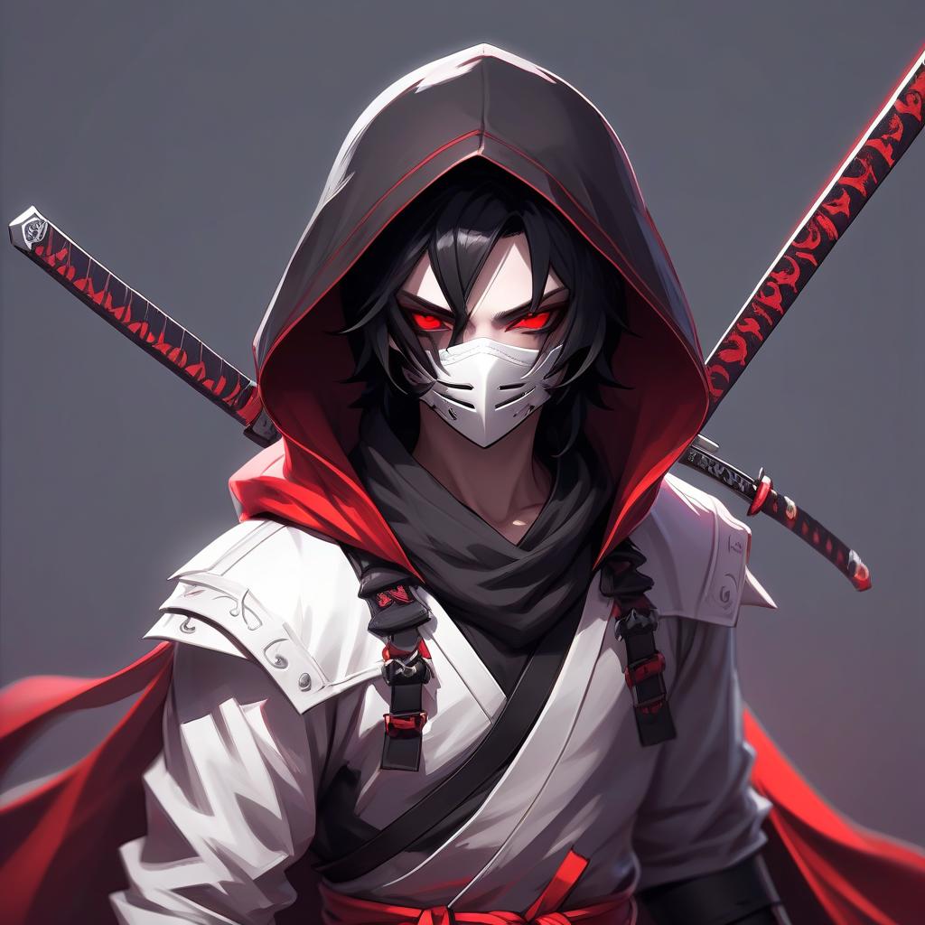  role playing game (rpg) style fantasy vampire, black hair, hair cover the left eye, white and red ninja suit, put on a hood, put a mask on the lower part of the face, two short katanas on the back, in full height, art style . detailed, vibrant, immersive, reminiscent of high fantasy rpg games