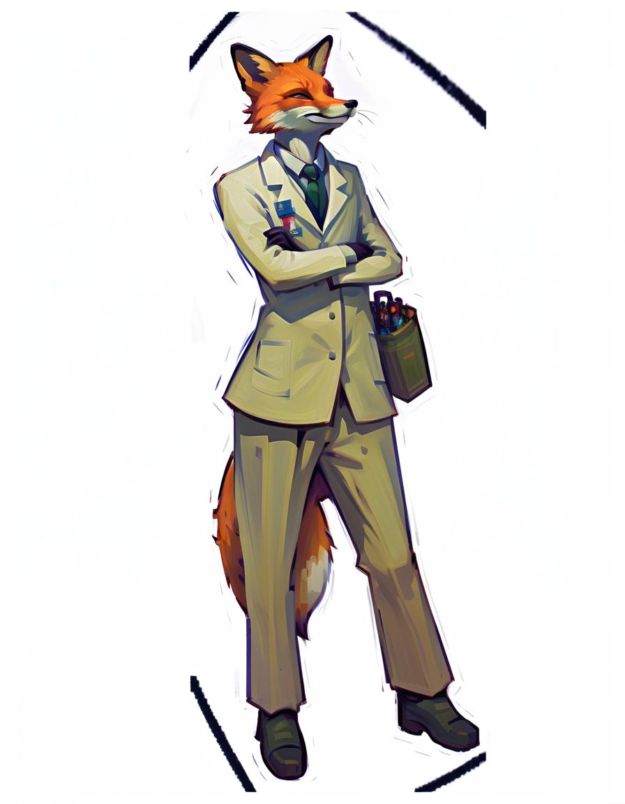  impressionist painting an anthropomorphic fox researcher in a white coat, in full growth . loose brushwork, vibrant color, light and shadow play, captures feeling over form