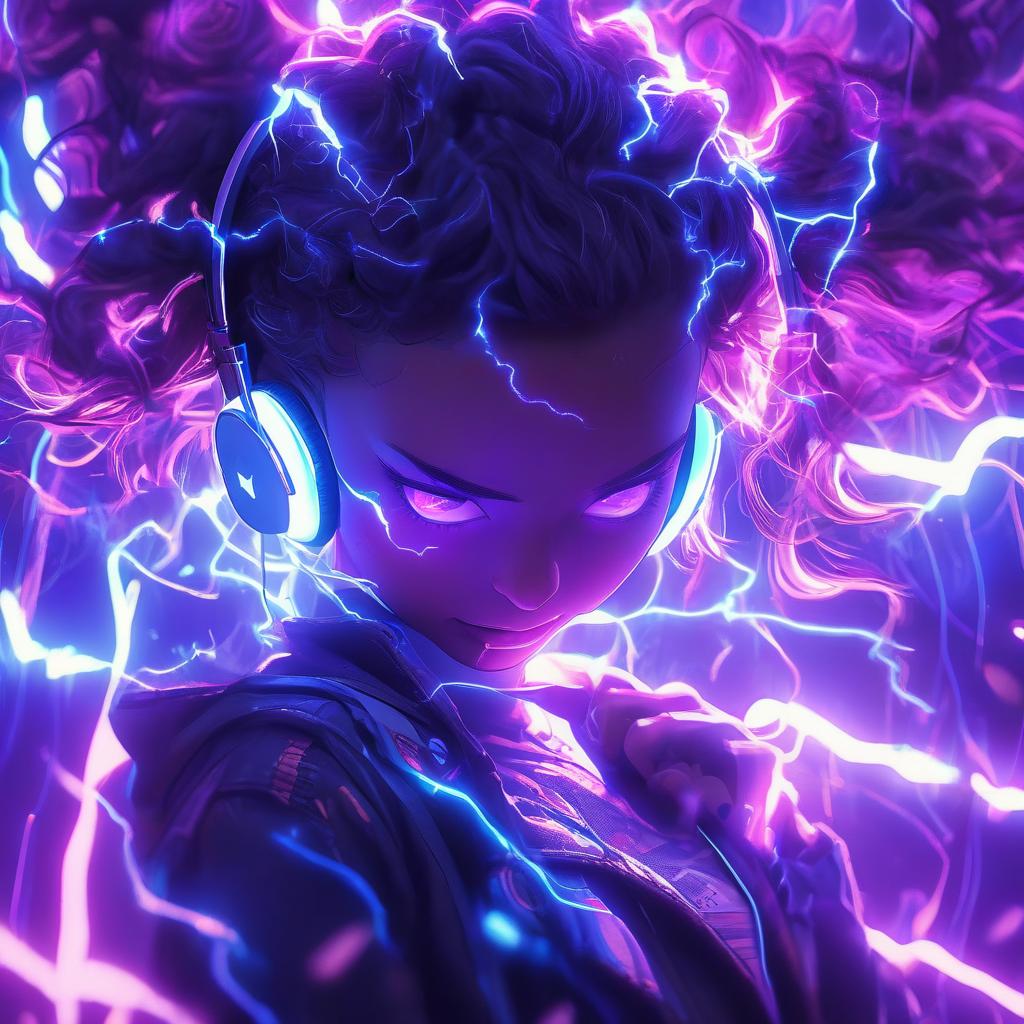  cinematic photo a close up of a person with headphones on, glowwave girl portrait, android jones and atey ghailan, dramatic purple thunders, amazing lightning art, kintsukuroi, beautiful necromancer girl, cute! c4d, electrifying, by eva gonzalès, ( ( ( colorful ) ) ), exquisite lightning . 35mm photograph, film, bokeh, professional, 4k, highly detailed