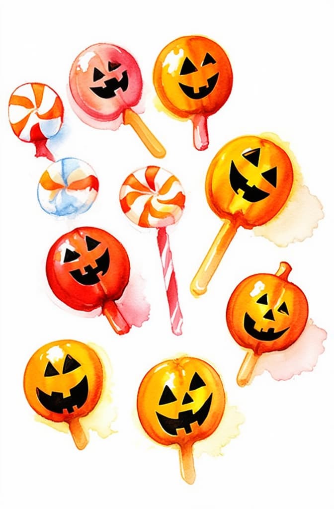  artwork hand drawn watercolor halloween candy isolated on white background ar 2:3, watercolor techniques, featuring fluid colors, subtle gradients, transparency associated with watercolor art