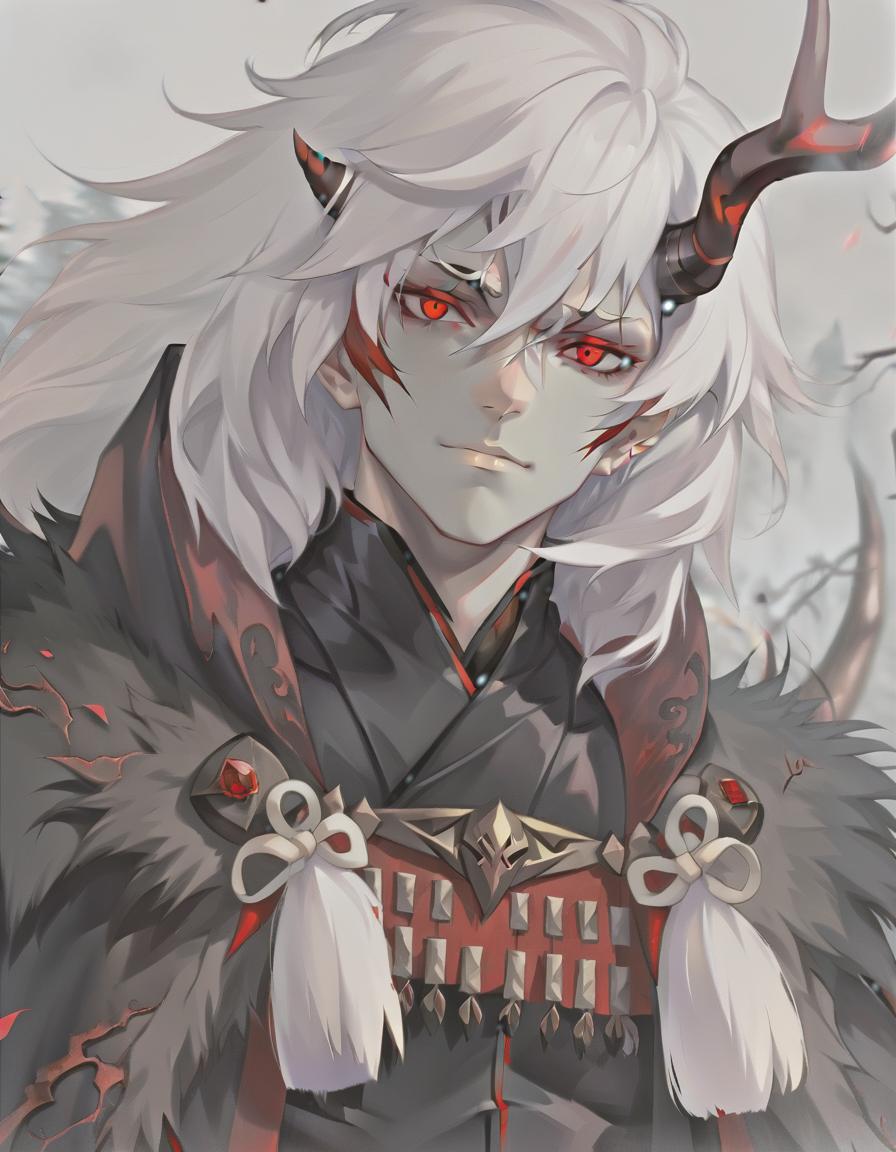  man demon, white skin. red eyes, white hair, red horns, black fur coat, dense forest in the background