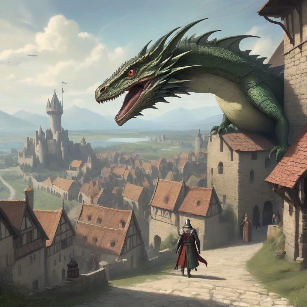  medieval world in the distance flying dragons and walking lizards