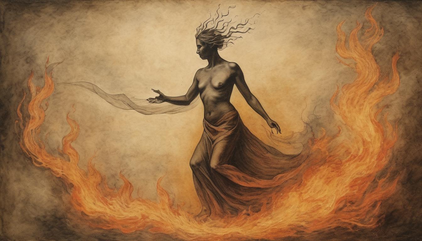  on parchment, surrealism++, figure emerging from flames, ethereal fire encircling, determined expression, background slowly fading from dark to light, mood of resilience and transformation(mysterious, provocative, symbolic)++