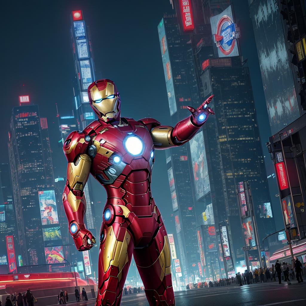  masterpiece, best quality, Best quality, masterpiece, 8k resolution, realistic, highly detailed, close up of Iron Man. In a cyberpunk-style night scene of the city, he stands on a street lined with tall buildings. The city's night lights are bright, The surrounding buildings and streets are filled with cyberpunk elements such as neon lights, high-tech devices, and futuristic architectural designs.