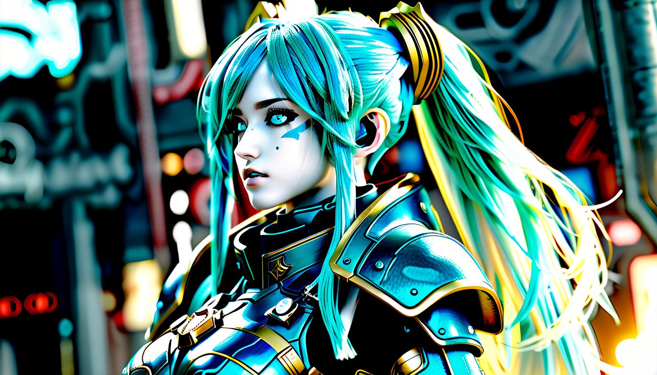  hyperrealistic art miku hatsune in armor astartes from warhammer 40k . extremely high resolution details, photographic, realism pushed to extreme, fine texture, incredibly lifelike, glowneon, perfecteyes