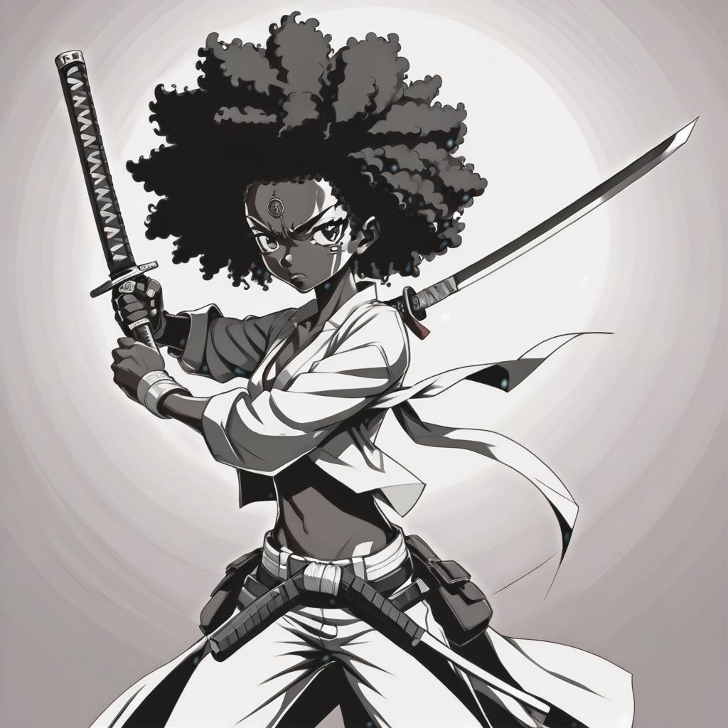  line art drawing afro samurai girl with katana and pistol, battle stance, same nightmare. anime style . professional, sleek, modern, minimalist, graphic, line art, vector graphics