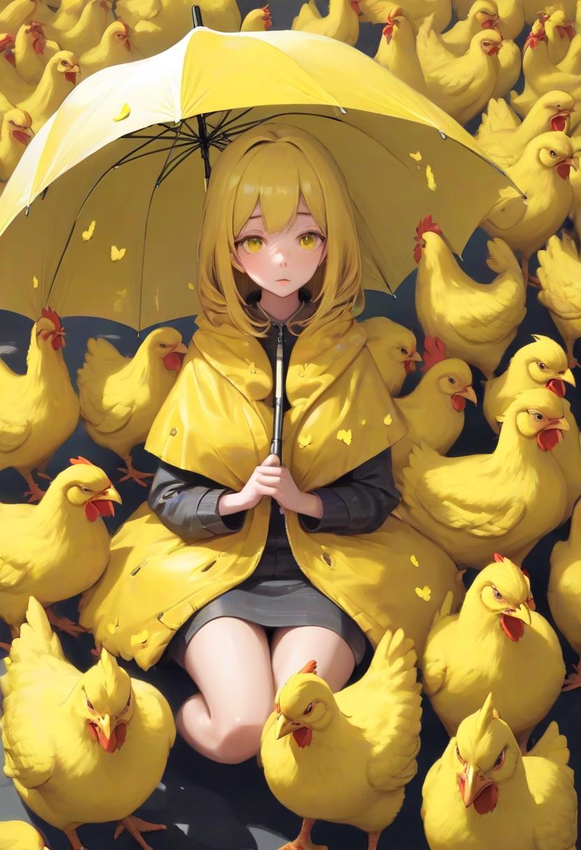  the girl covered with an umbrella of yellow chickens