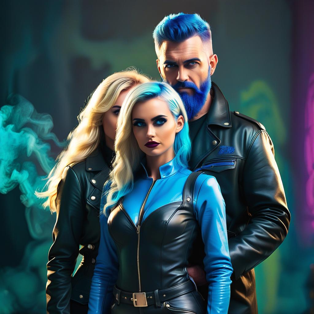  a man with a blue beard with a rifle and a blonde woman in a leather coat standing next to him, t shirt design, glowneon