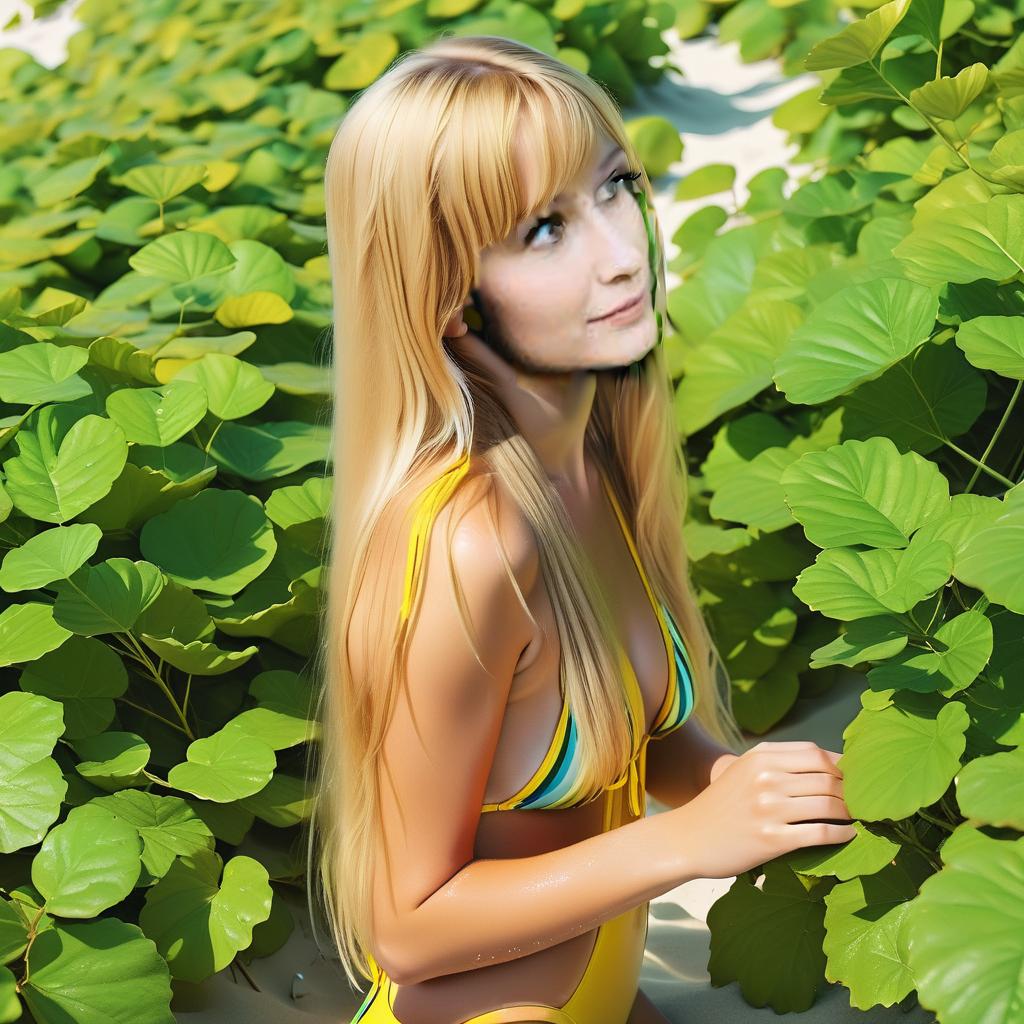  in the background is the (sea:1.4) and white sea sand, blondy long hair, dressed in (closed yellow swimming suit), maximum detail, maximum quality, specular lighting, shallow depth of field, smooth, cinematic film still