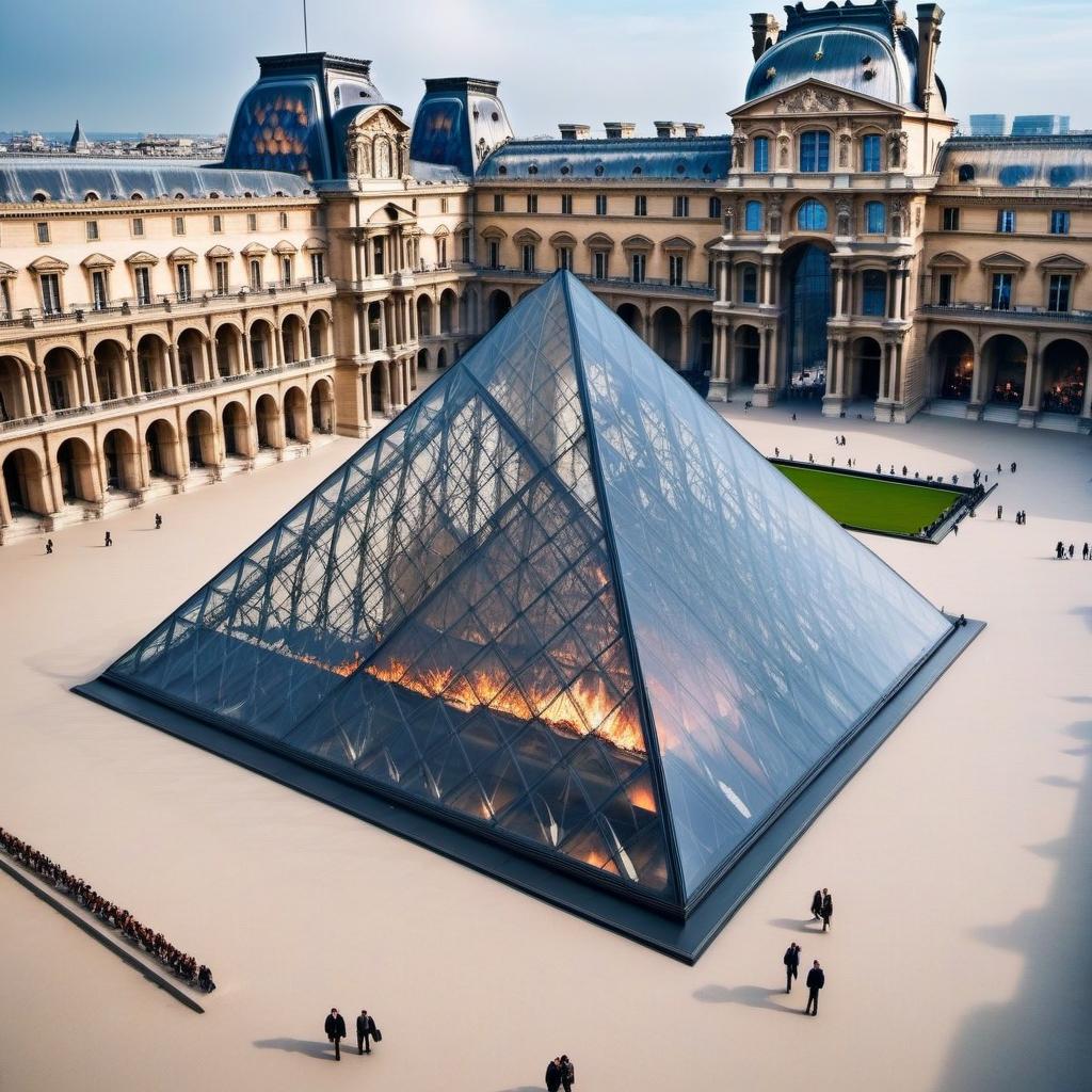  The Louvre, there is fire inside the pyramid hyperrealistic, full body, detailed clothing, highly detailed, cinematic lighting, stunningly beautiful, intricate, sharp focus, f/1. 8, 85mm, (centered image composition), (professionally color graded), ((bright soft diffused light)), volumetric fog, trending on instagram, trending on tumblr, HDR 4K, 8K