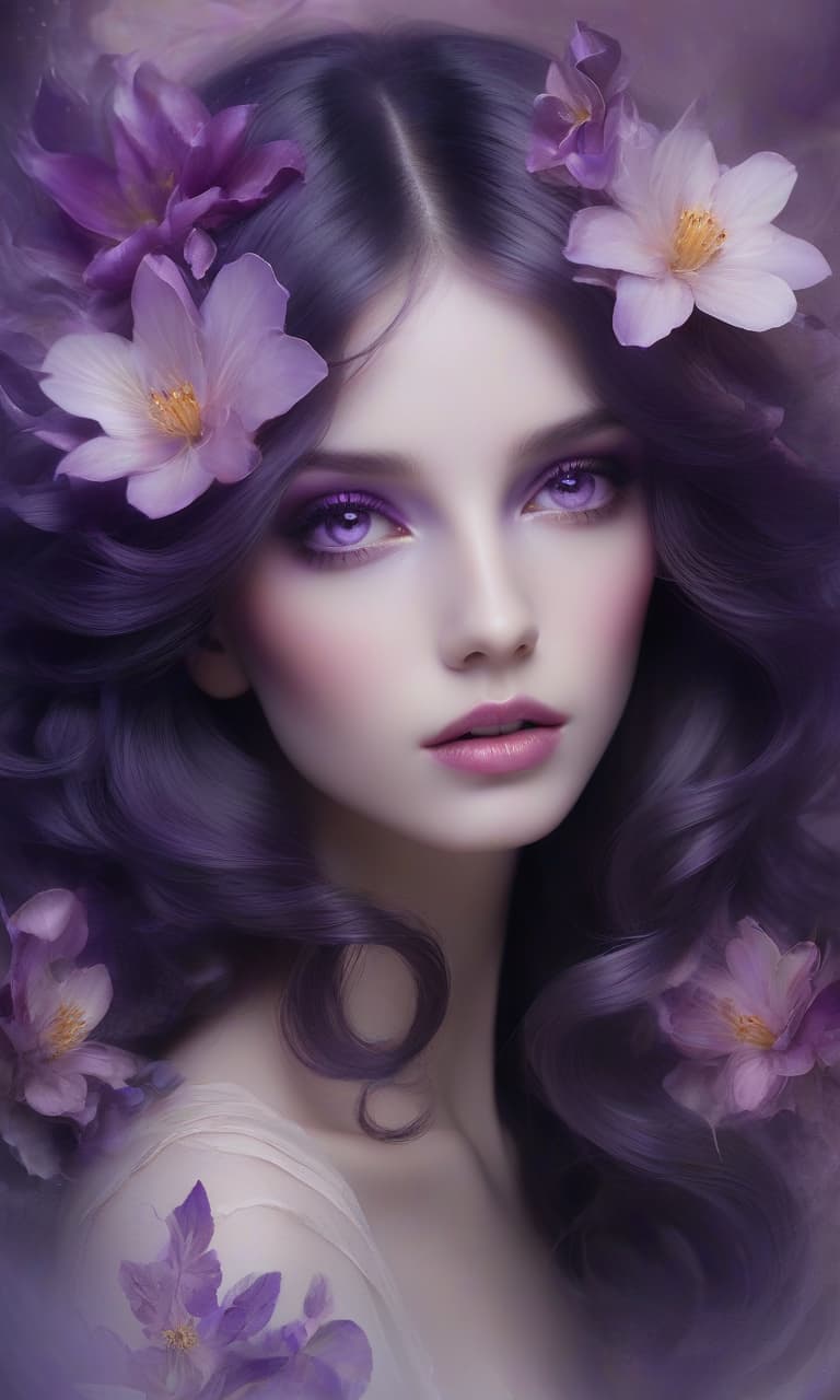  a mystical female portrait exuding ethereal charm: porcelain skin, almond shaped violet eyes, and dark wavy hair adorned with vivid purple florals. soft, neutral lips framed by a dreamy mist, set against a warm, glowing backdrop, creating a fantasy atmosphere of elegance and beauty. create an ethereal female portrait with a mystical aura. the subject has porcelain skin, large almond shaped violet eyes, and full lips with a soft, neutral tone. her face is framed by a mass of dark, wavy hair transitioning into vivid purple floral embellishments, including a prominent, large five petaled flower on the right side of the composition. flowers of various sizes are intertwined with her tresses, coupled with delicate swirls of mist and abstract, wi